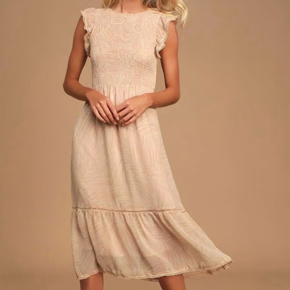 LOST + WANDER Smocked Patterned Midi Dress